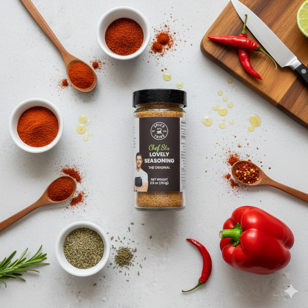 Spice jar labeled 'Chef Sue's Lovely Seasoning' surrounded by spices, herbs, and vegetables on a white surface.
