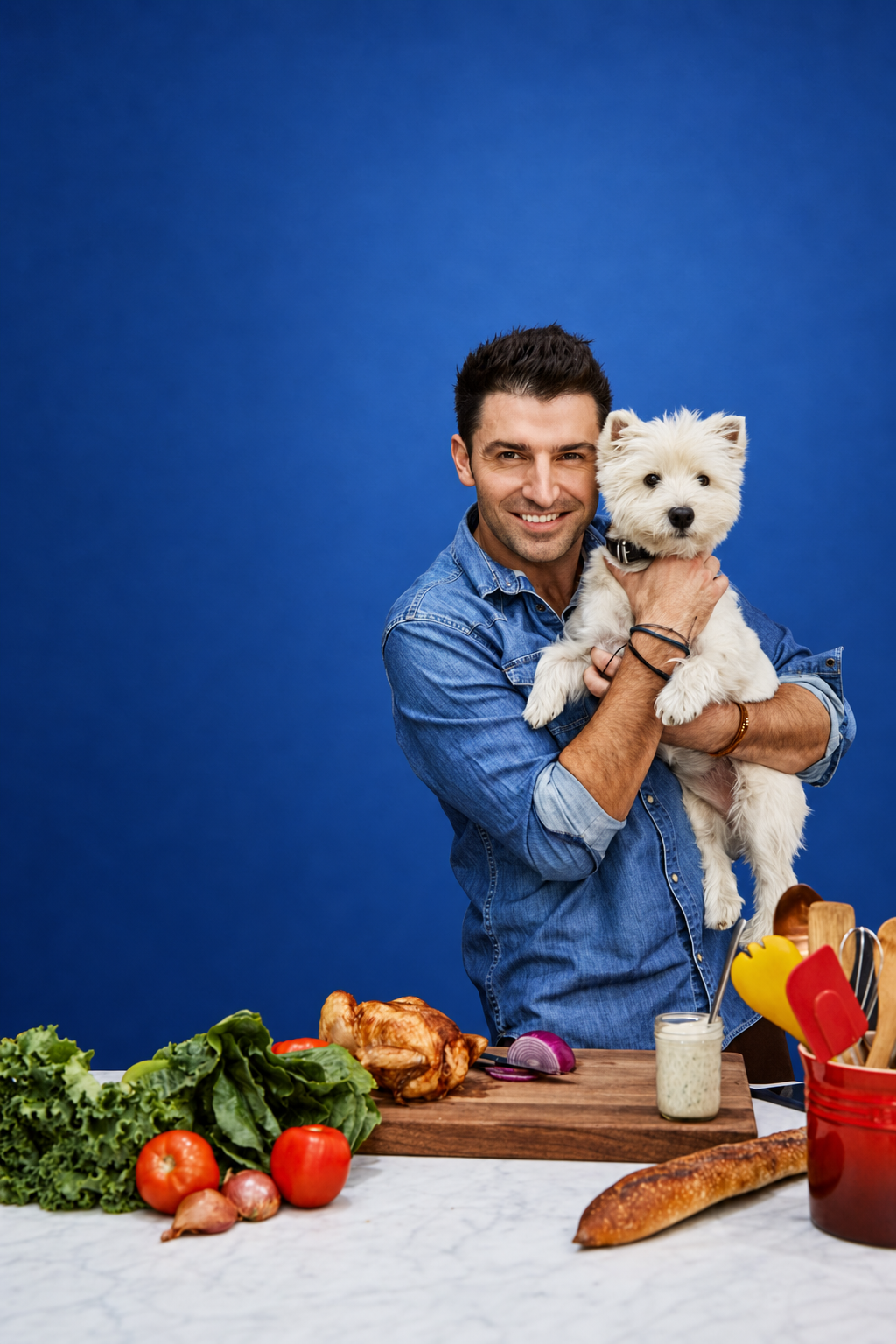 Chef Stuart O’Keeffe holding a white Westie against a cobalt blue background