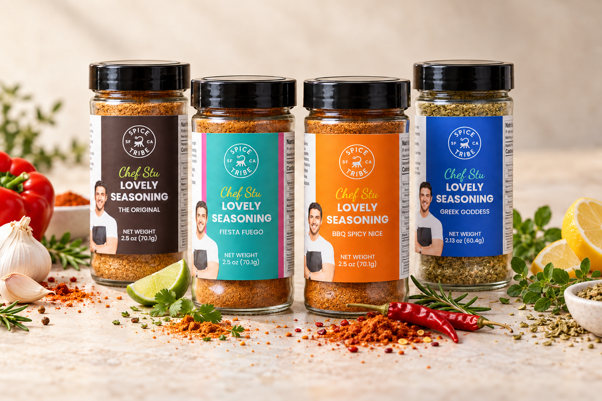 Chef Stu Main Four Variety Pack: The Original, Fiesta Fuego, BBQ Spicy Nice and Greek Goddess