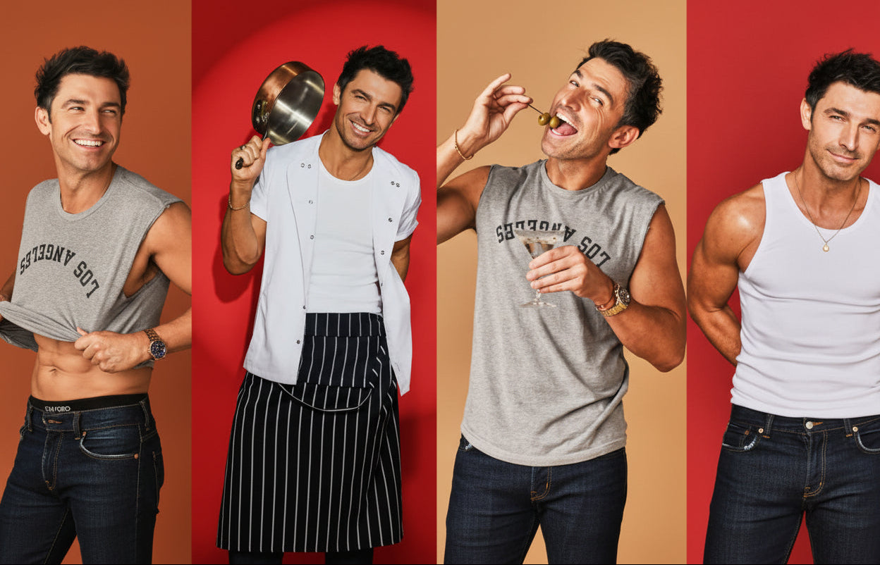 Man in various poses with different outfits against colorful backgrounds