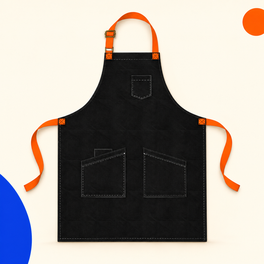 Chef Stu denim apron on a cream background