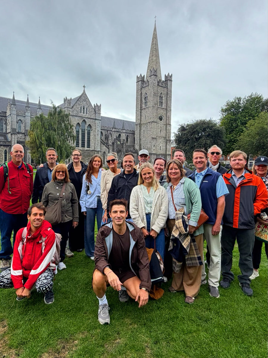 Chef Stu and travelers outside Saint Patrick’s Cathedral in Dublin